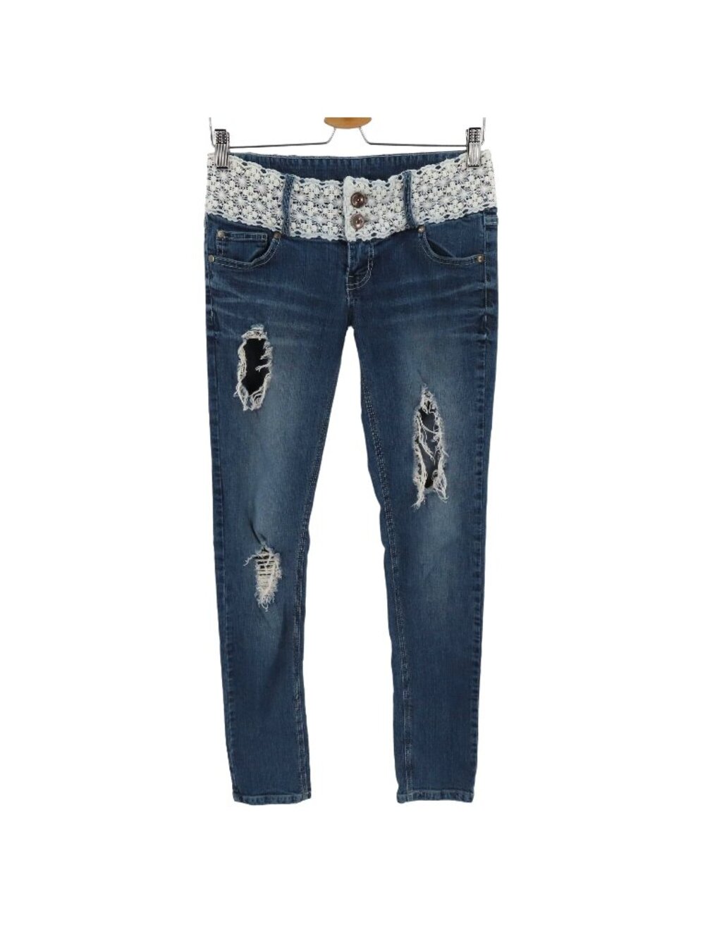 Blue Spice Juniors 7 White Lace Trim Distressed Blue Denim Jeans Skinny Y2K